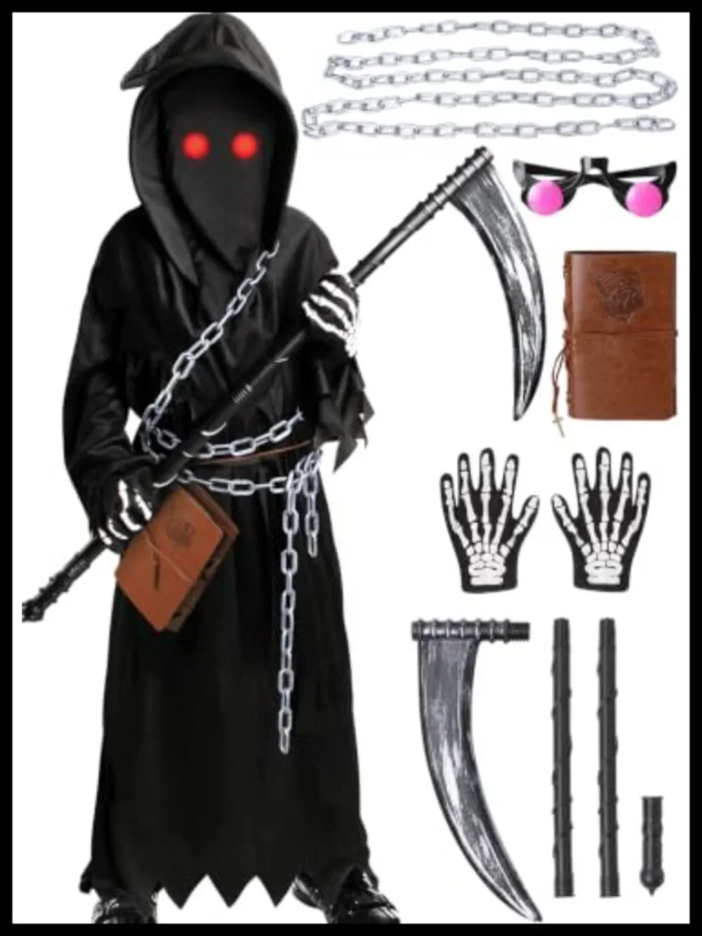 Kids Grim Reaper Costume 7 Pcs Set Hooded Robe Glowing Eyes Scythe